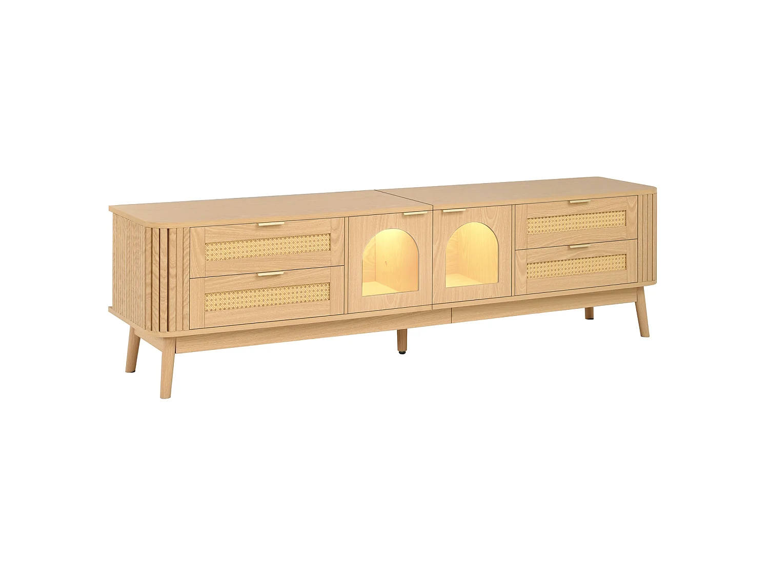 Meuble TV 180 x 40 x 50 cm, avec portes verre et tiroirs, LED ambiance, design moderne, Naturel