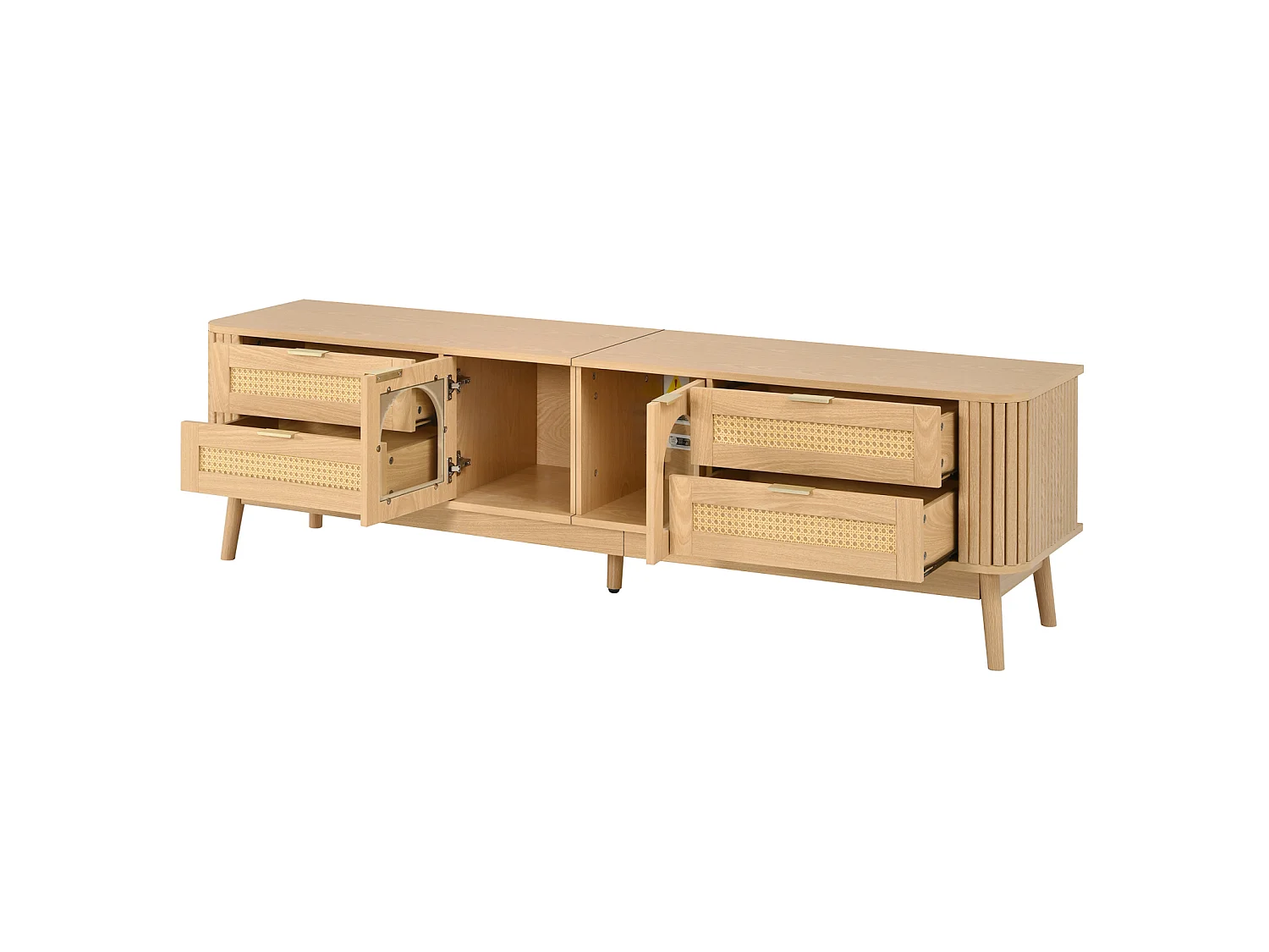 Meuble TV 180 x 40 x 50 cm, avec portes verre et tiroirs, LED ambiance, design moderne, Naturel