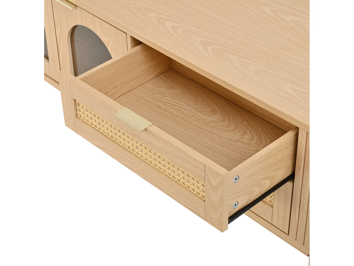Meuble TV 180 x 40 x 50 cm, avec portes verre et tiroirs, LED ambiance, design moderne, Naturel
