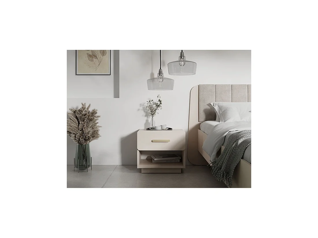 Set van 2 nachtkastjes AMALIE - 1 lade - Kleur beige - Gouden handvatten - Afgerond ontwerp