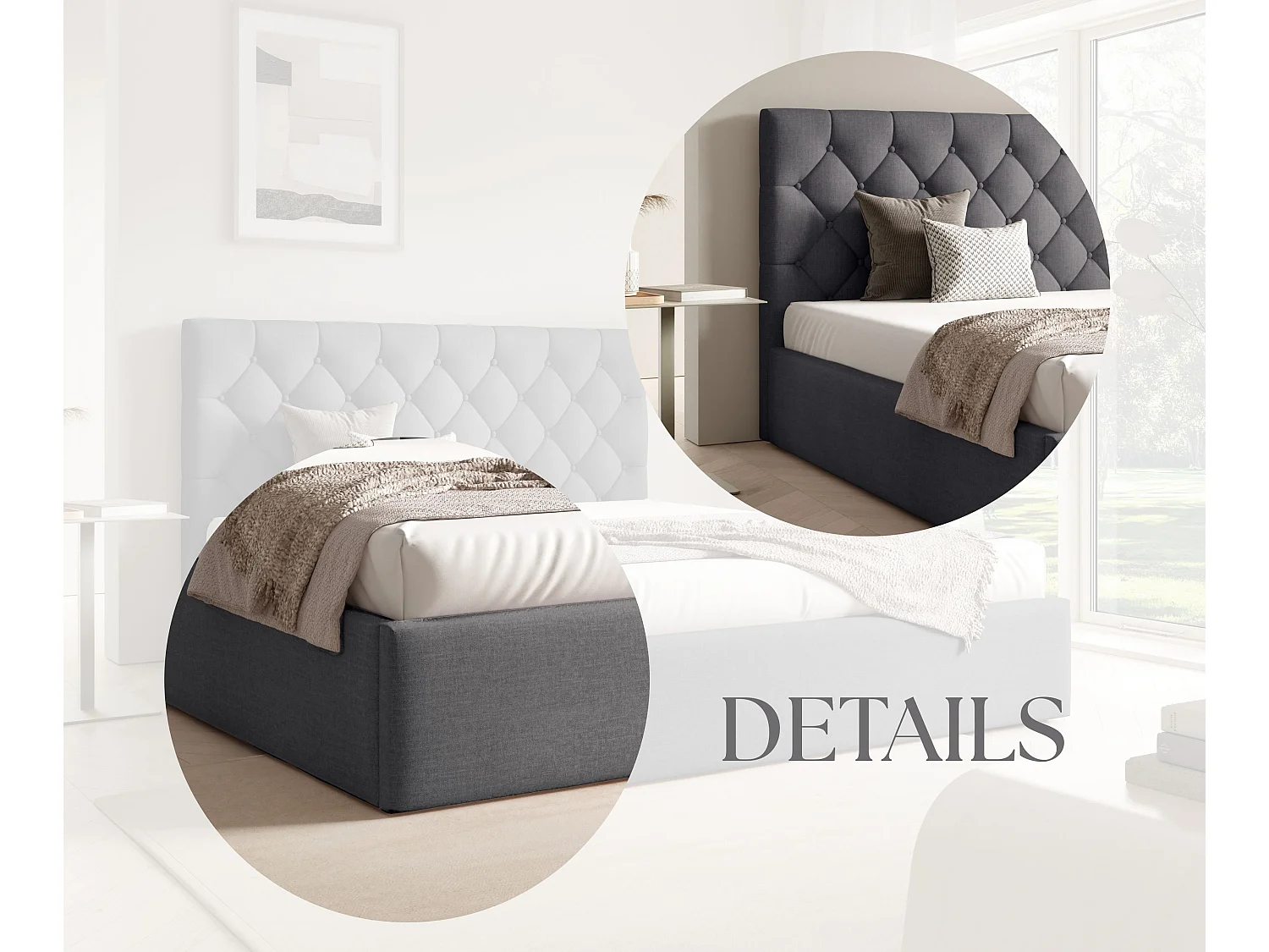 FURNISTAR Gestoffeerd bed BEA IV met opbergruimte 160x200 |Tweepersoonsbed met opbergruimte|Lattenbodem|Boxspring-look|zonder matras - Donkergrijs