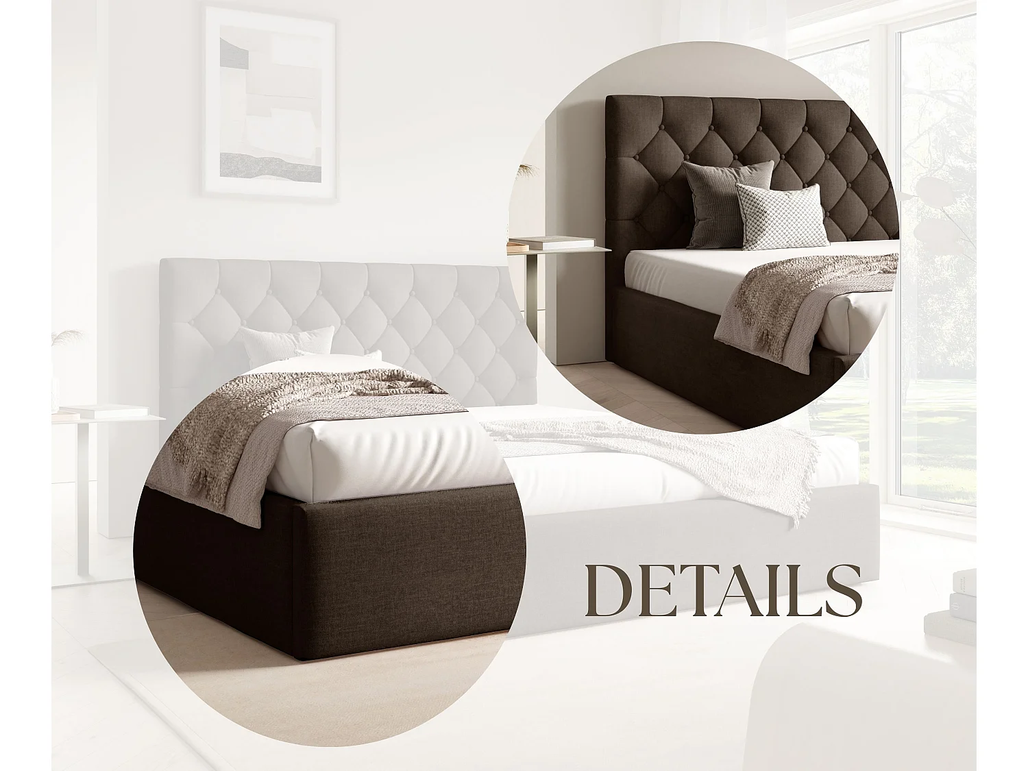 FURNISTAR Gestoffeerd bed BEA IV met opbergruimte 160x200 |Tweepersoonsbed met opbergruimte|Lattenbodem|Boxspring-look|zonder matras - Bruin