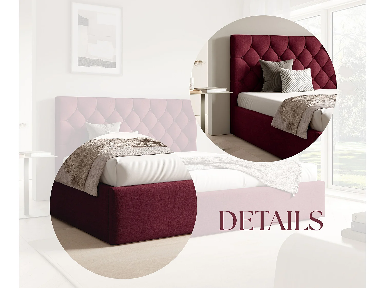 FURNISTAR Gestoffeerd bed BEA IV met opbergruimte 160x200 |Tweepersoonsbed met opbergruimte|Lattenbodem|Boxspring-look|zonder matras - Bordeauxrood