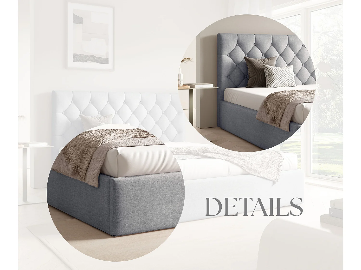 FURNISTAR Gestoffeerd bed BEA IV met opbergruimte 160x200 |Tweepersoonsbed met opbergruimte|Lattenbodem|Boxspring-look|zonder matras - Lichtgrijs