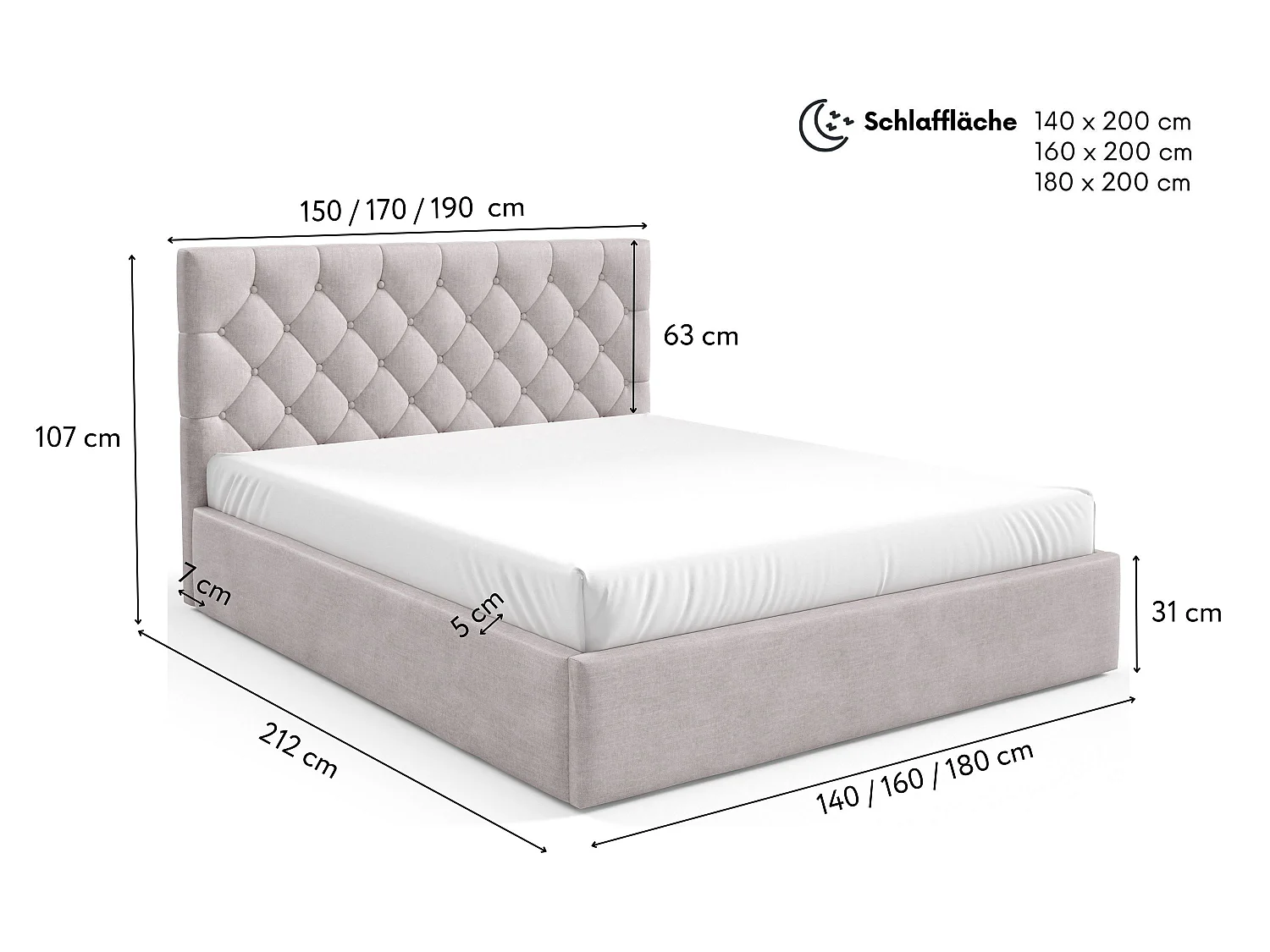 FURNISTAR Gestoffeerd bed BEA IV met opbergruimte 160x200 |Tweepersoonsbed met opbergruimte|Lattenbodem|Boxspring-look|zonder matras - Lichtgrijs