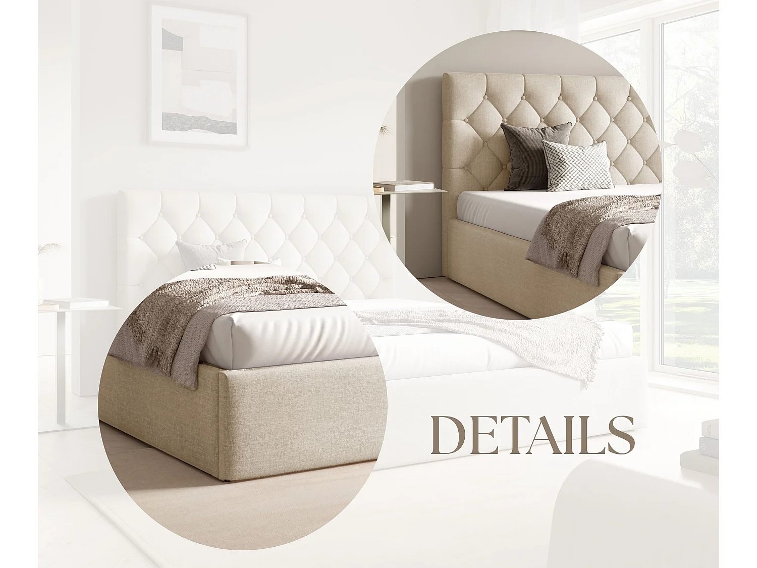 FURNISTAR Gestoffeerd bed BEA IV met opbergruimte 180x200 |Tweepersoonsbed met opbergruimte|Lattenbodem|Boxspring-look|zonder matras - Crème