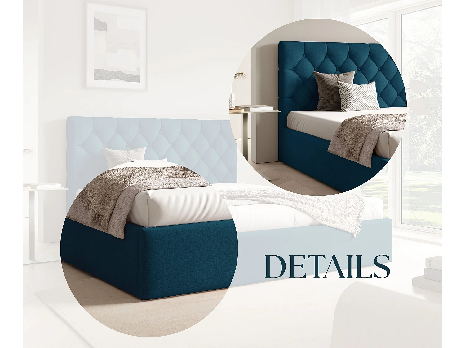FURNISTAR Gestoffeerd bed BEA IV met opbergruimte 140x200 |Tweepersoonsbed met opbergruimte|Lattenbodem|Boxspring-look|zonder matras - Donkerblauw