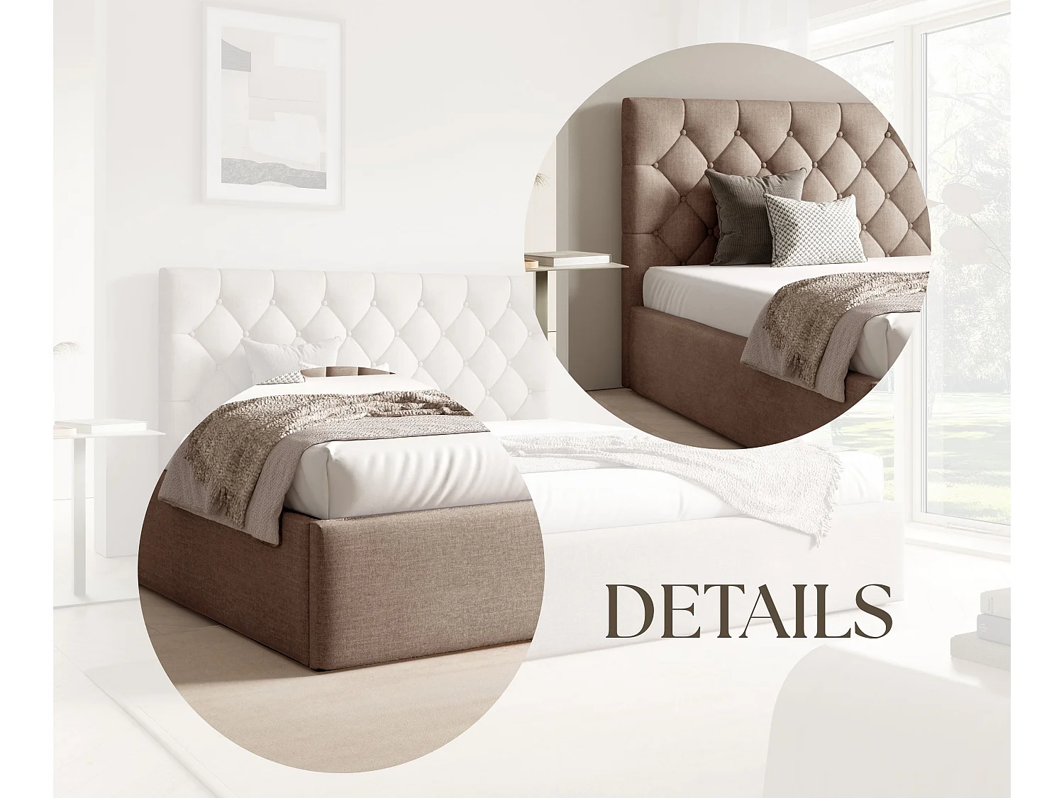 FURNISTAR Gestoffeerd bed BEA IV met opbergruimte 160x200 |Tweepersoonsbed met opbergruimte|Lattenbodem|Boxspring-look|zonder matras - Donkerbeige