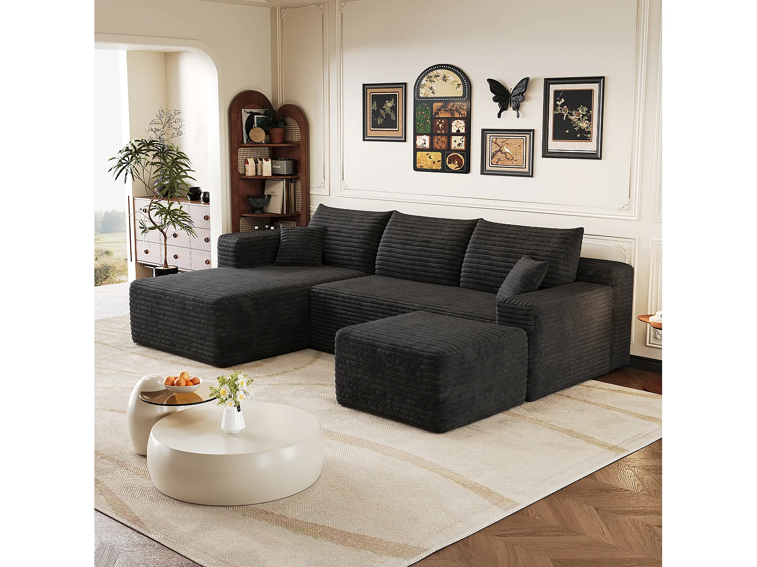 Canapé en L avec méridienne à gauche, assise profonde, style minimaliste moderne, motif « nuages », prêt à l'emploi, noir