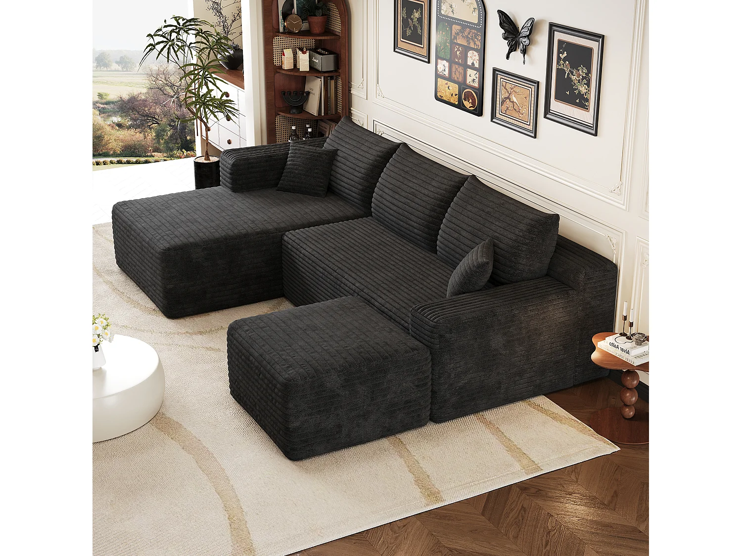 Canapé en L avec méridienne à gauche, assise profonde, style minimaliste moderne, motif « nuages », prêt à l'emploi, noir
