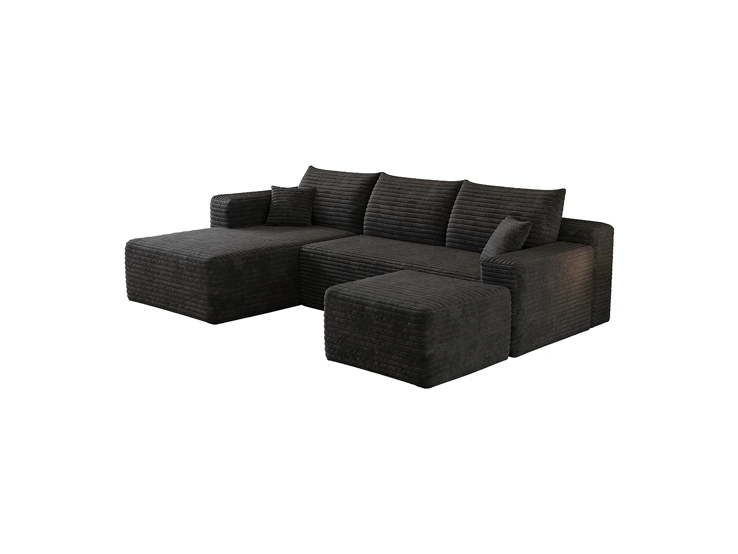 Canapé en L avec méridienne à gauche, assise profonde, style minimaliste moderne, motif « nuages », prêt à l'emploi, noir