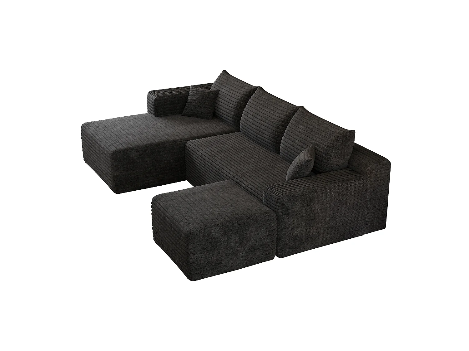 Canapé en L avec méridienne à gauche, assise profonde, style minimaliste moderne, motif « nuages », prêt à l'emploi, noir