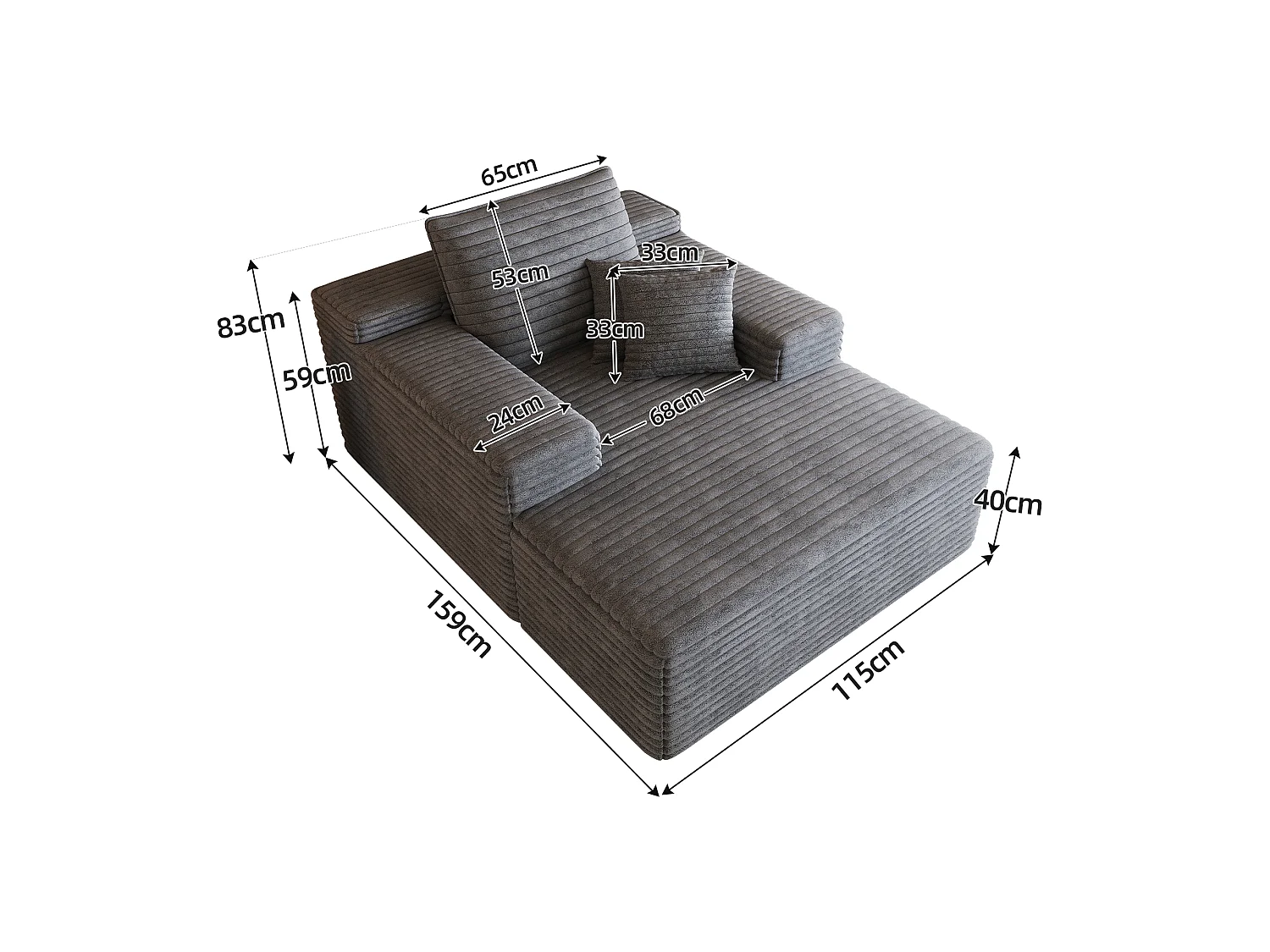 Canapé modulaire sans armature, en velours côtelé, assise profonde, rembourrage en mousse, prêt à l'emploi, gris foncé