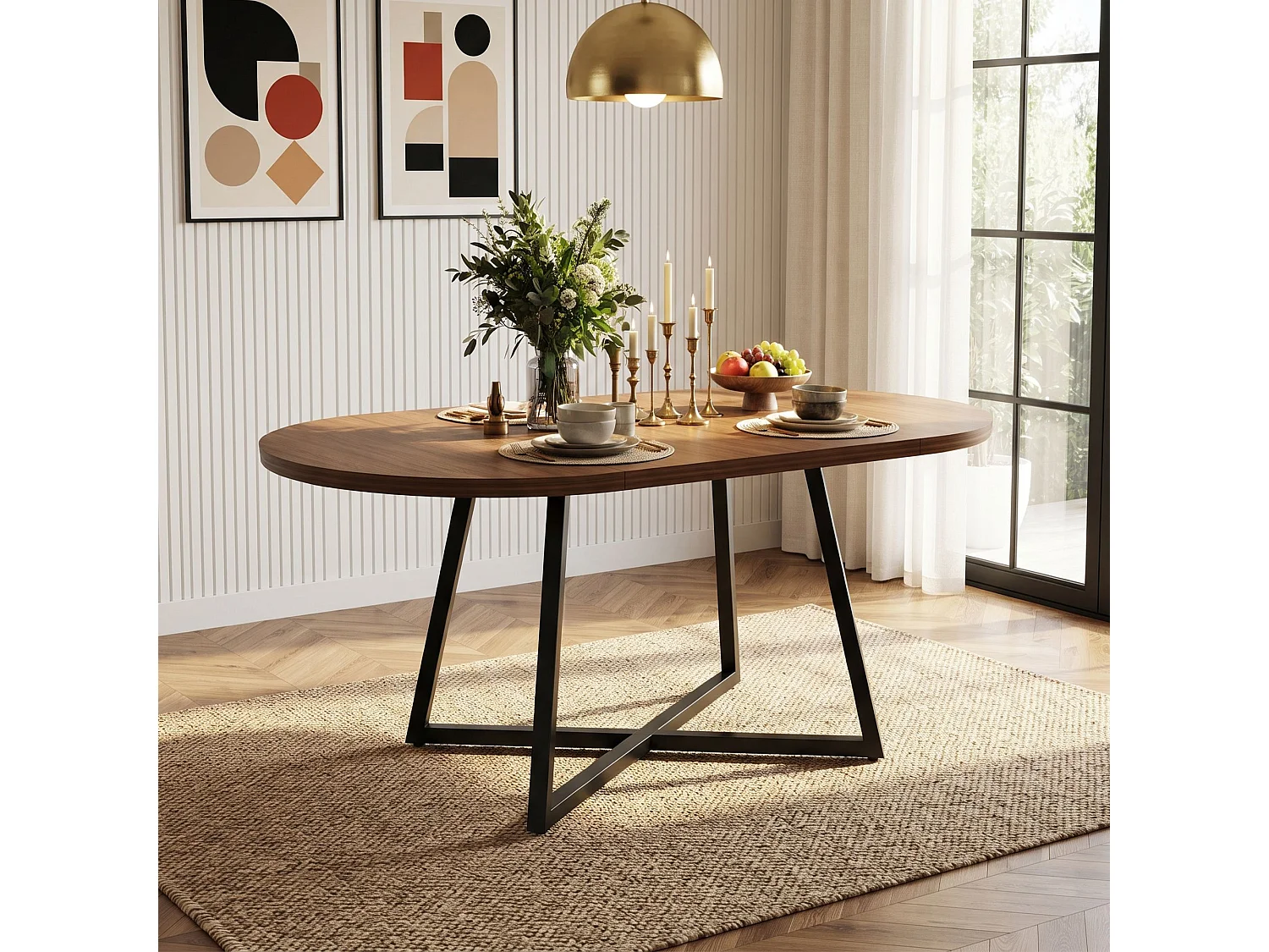 Table à manger ronde extensible en noyer, 100-140 cm, pieds métal noir, design moderne