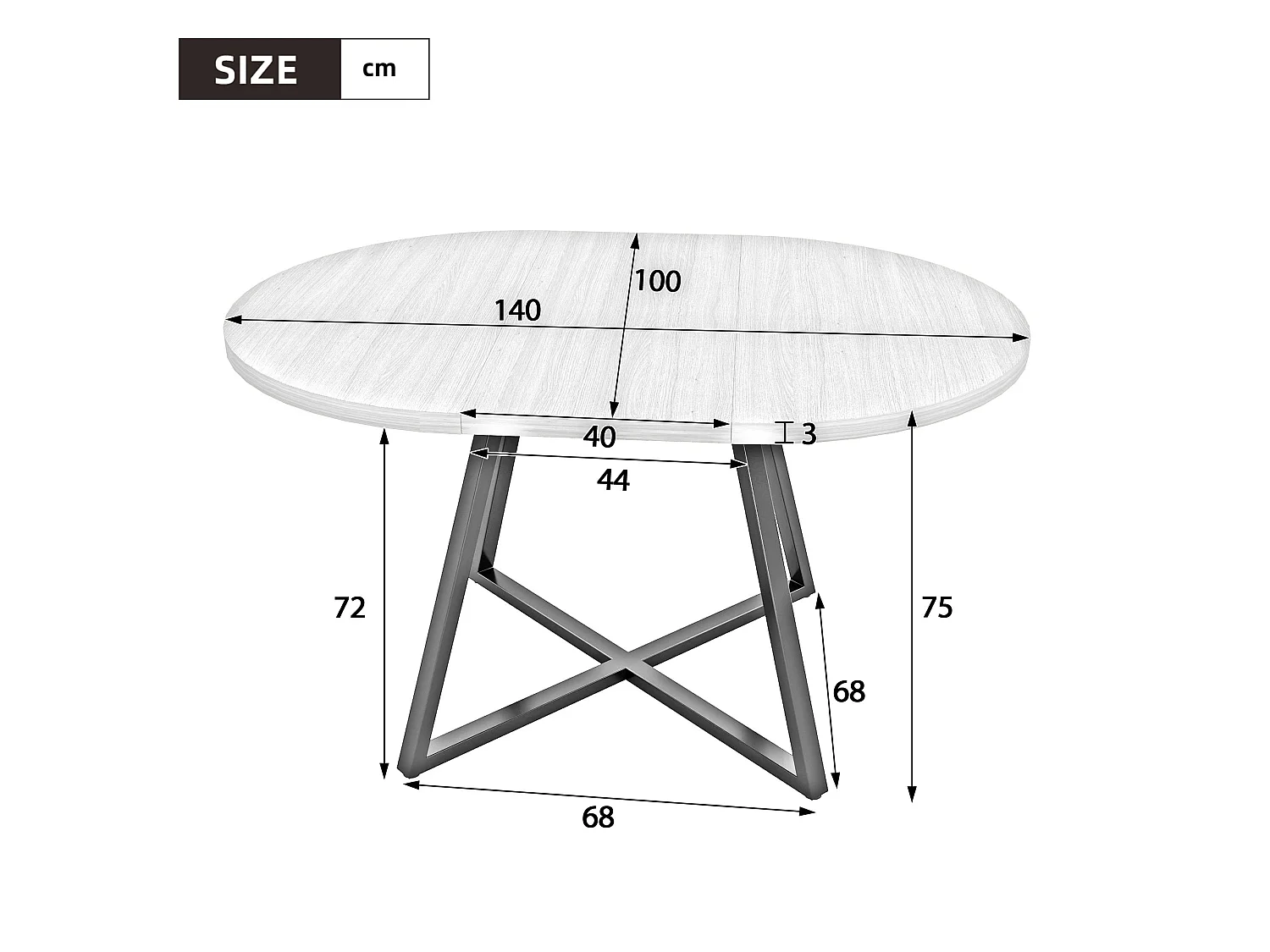 Table à manger ronde extensible en noyer, 100-140 cm, pieds métal noir, design moderne