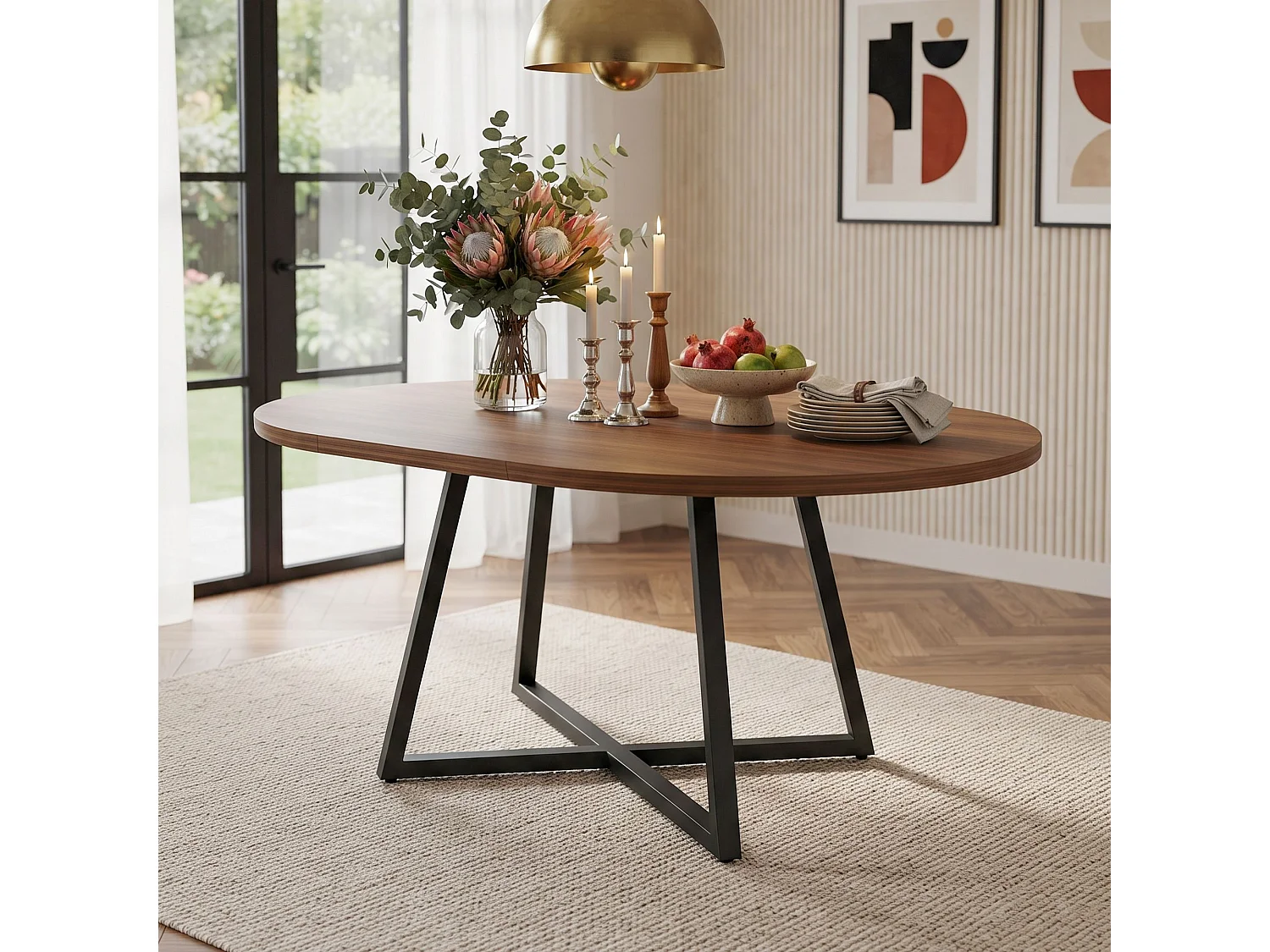 Table à manger ronde extensible en noyer, 100-140 cm, pieds métal noir, design moderne