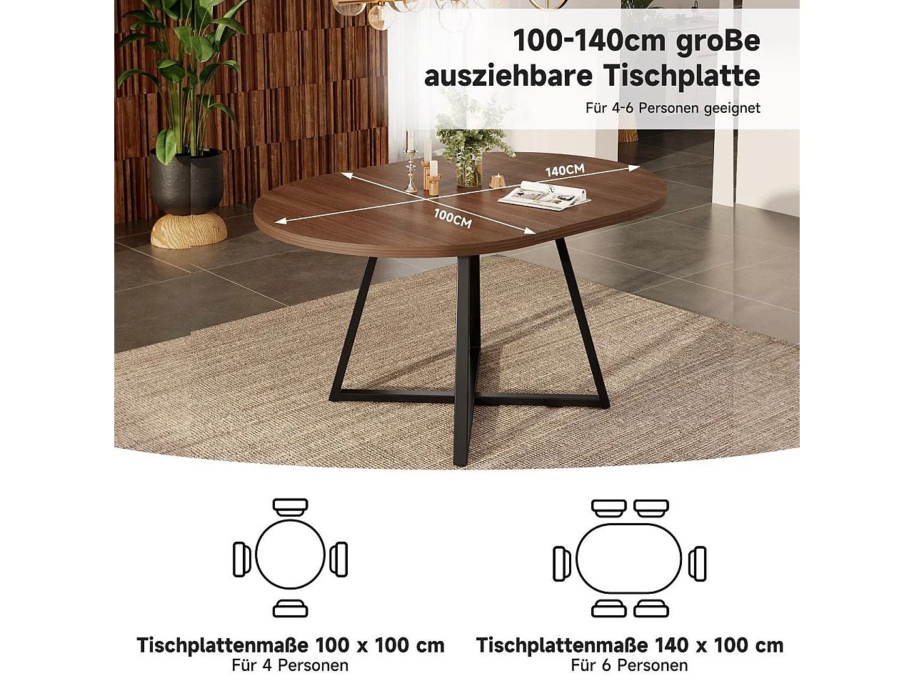 Table à manger ronde extensible en noyer, 100-140 cm, pieds métal noir, design moderne