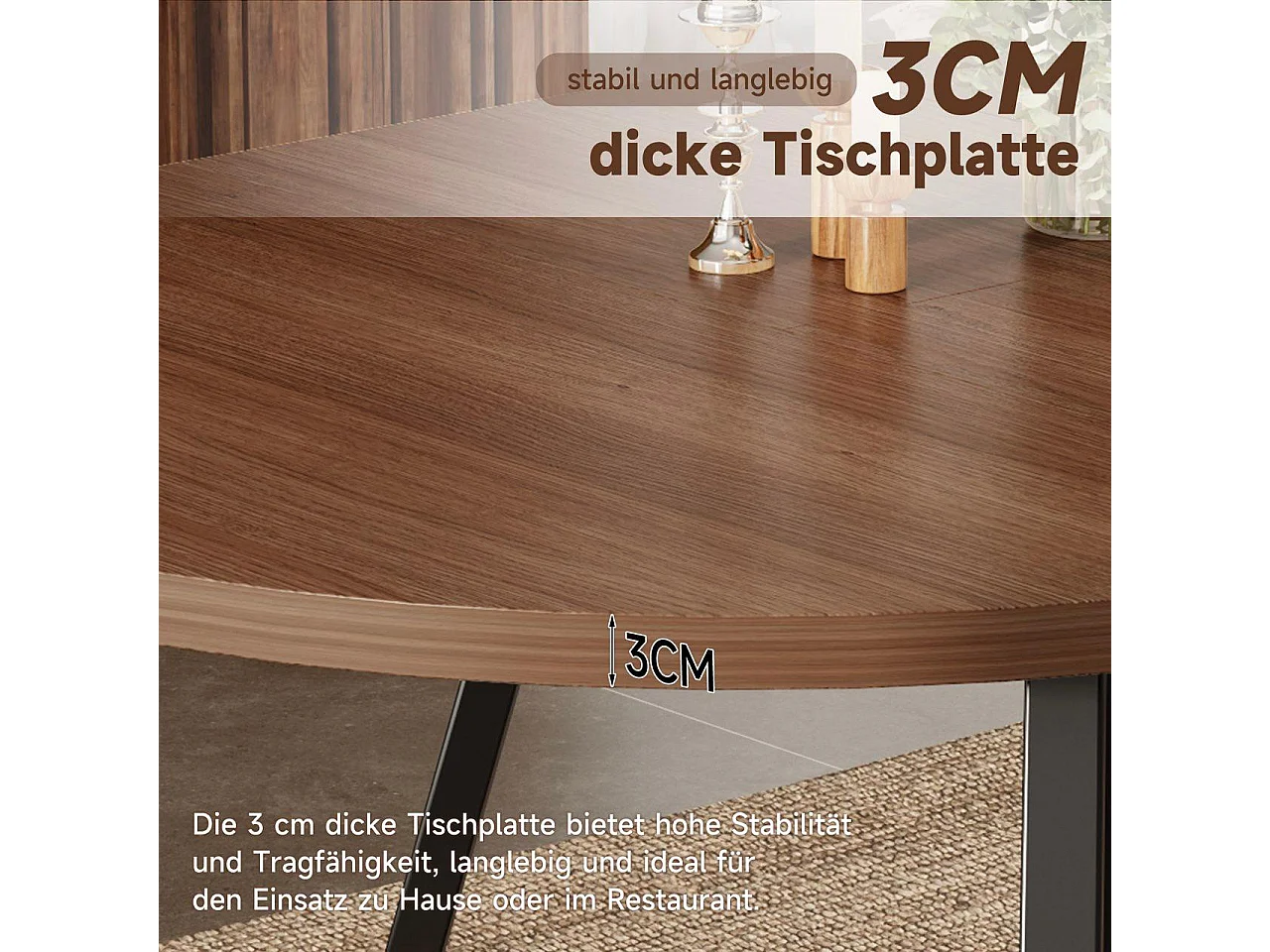 Table à manger ronde extensible en noyer, 100-140 cm, pieds métal noir, design moderne