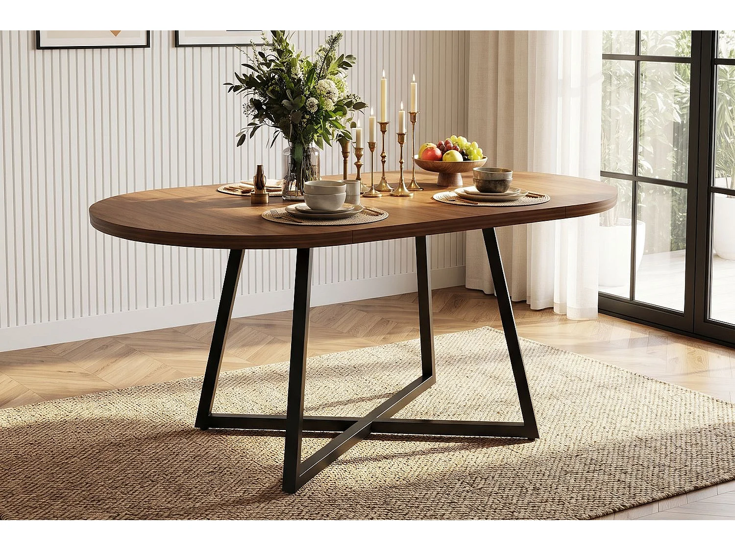 Table à manger ronde extensible en noyer, 100-140 cm, pieds métal noir, design moderne