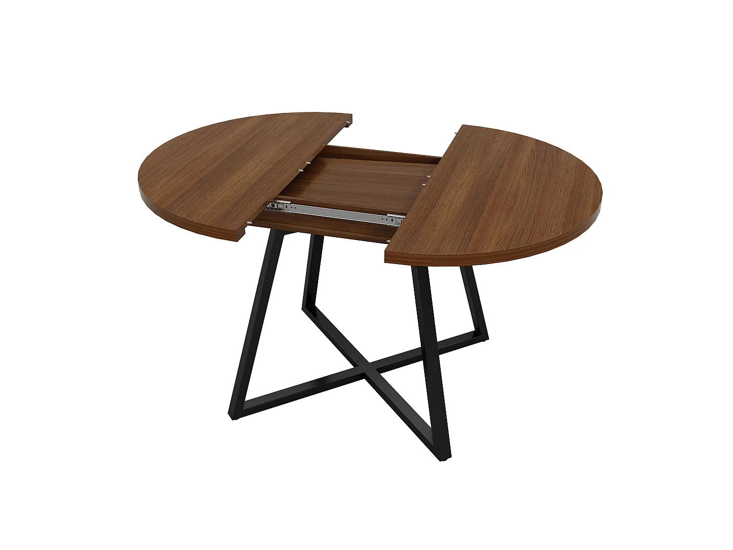 Table à manger ronde extensible en noyer, 100-140 cm, pieds métal noir, design moderne