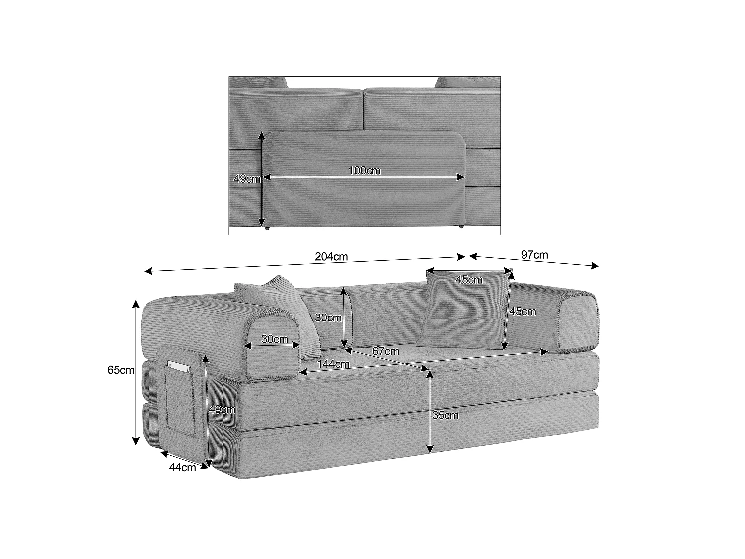 Canapé modulable, sans armature, livré avec 2 coussins et un cadre en acier, convertible en lit,beige