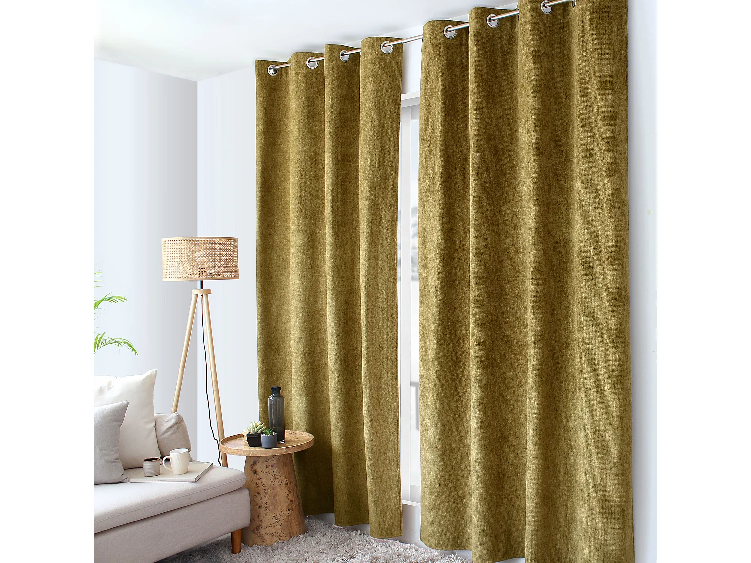 Rideau Thermique à Œillets, kaki chiné, 140x240 cm, Velours Chenillé, Collection Alpaga, CMADECO - Vert