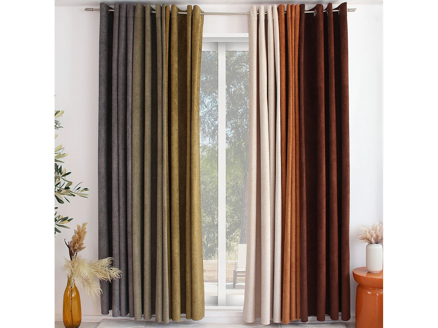 Rideau Thermique à Œillets, kaki chiné, 140x240 cm, Velours Chenillé, Collection Alpaga, CMADECO - Vert