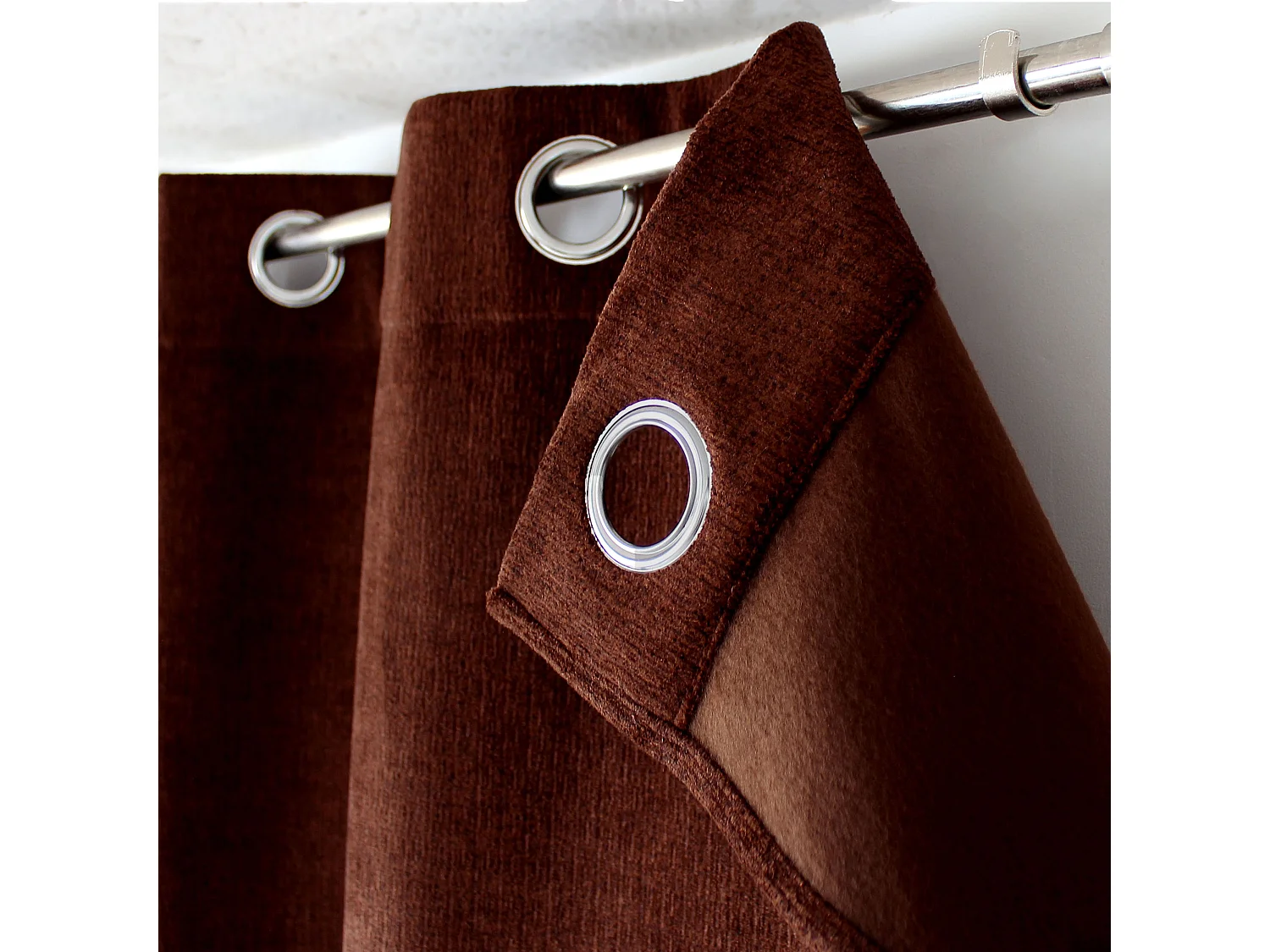 Rideaux Thermique à Œillets, Marron cuivré chiné, 140x240 cm, Lot de 2, Velours Chenillé, Collection Alpaga, CMADECO - Marron