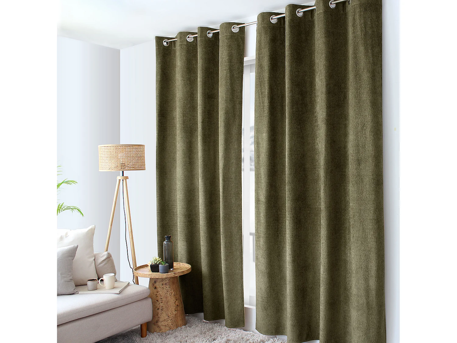 Rideau Thermique à Œillets, Vert gris chiné, 140x240 cm, Velours Chenillé, Collection Alpaga, CMADECO - Vert