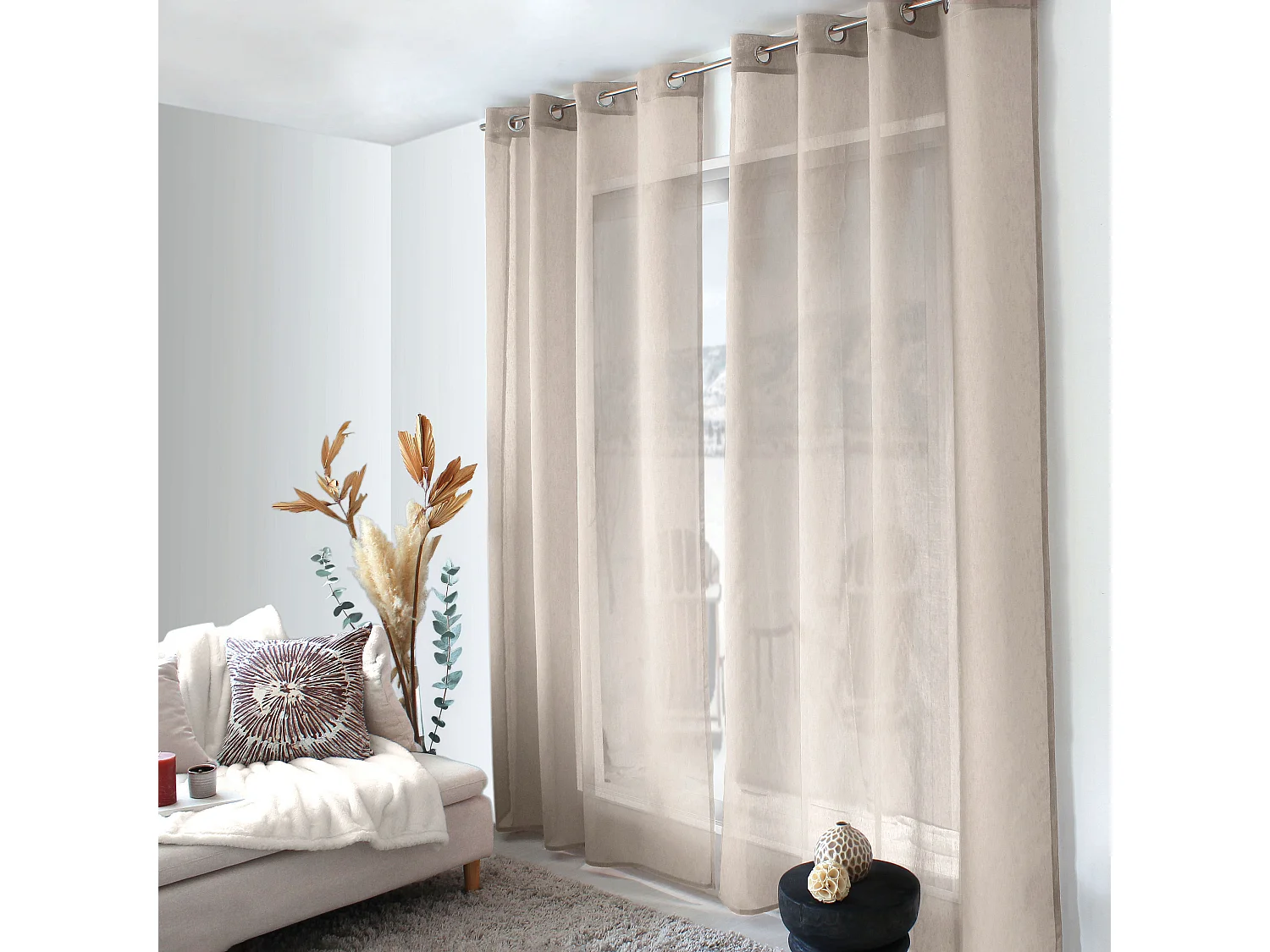 Voilage à œillets, Beige, 140x240cm, Matière texturée, Collection Sia, CMADECO - Beige