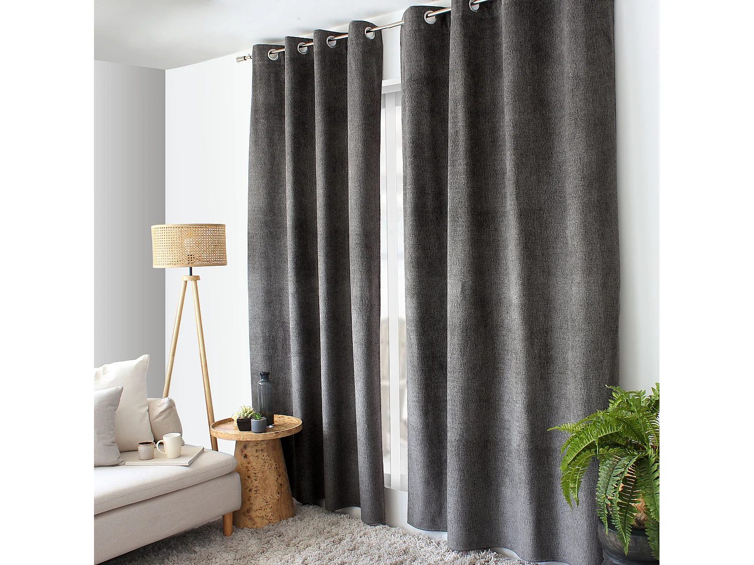Rideau Thermique à Œillets, Gris foncé chiné, 140x240 cm, Velours Chenillé, Collection Alpaga, CMADECO - Gris