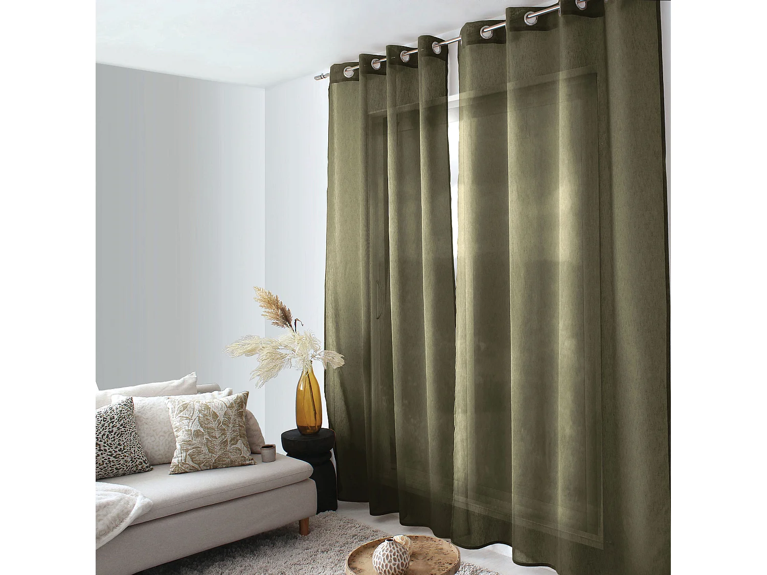 Voilage à œillets, kaki, 140x240cm, Matière texturée, Collection Sia, CMADECO - Vert