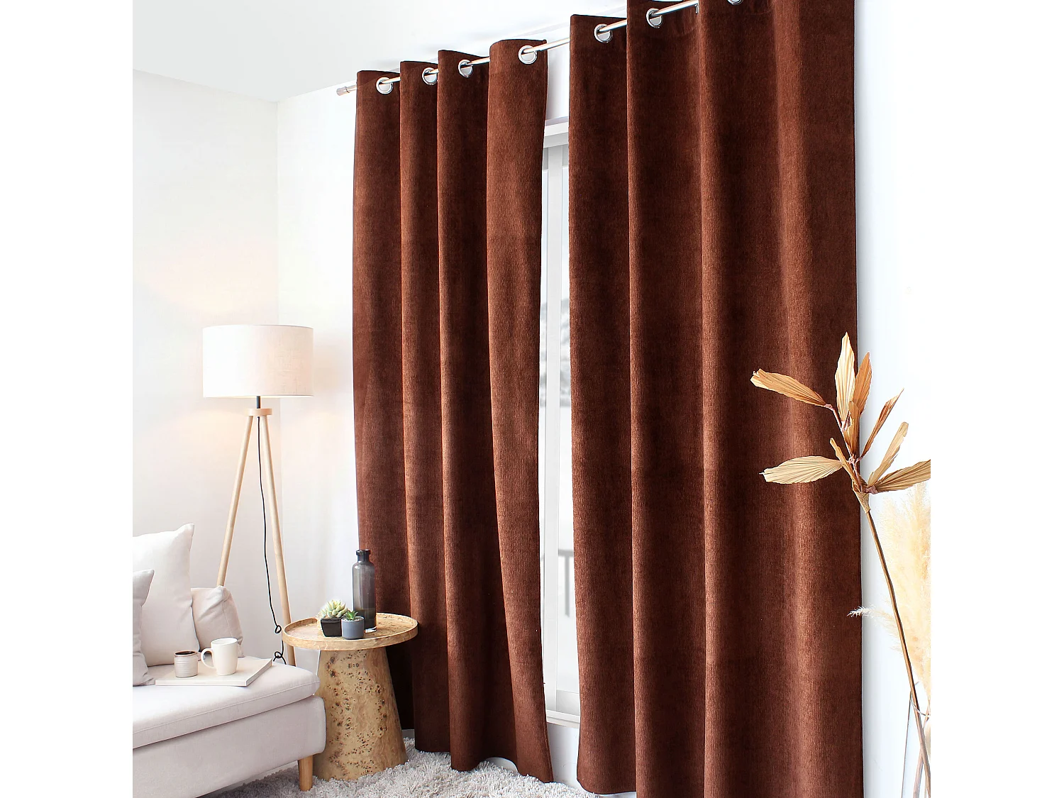 Rideau Thermique à Œillets, Marron cuivré chiné, 140x240 cm, Velours Chenillé, Collection Alpaga, CMADECO - Marron