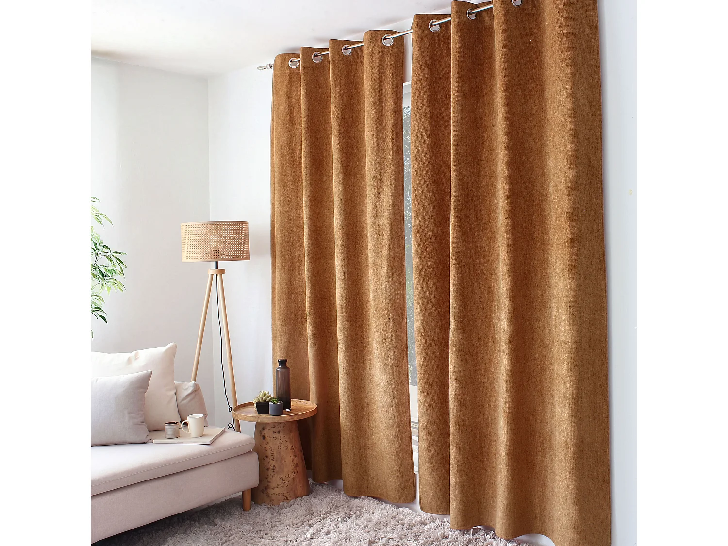 Rideau Thermique à Œillets, Camel chiné, 140x240 cm, Velours Chenillé, Collection Alpaga, CMADECO - Marron