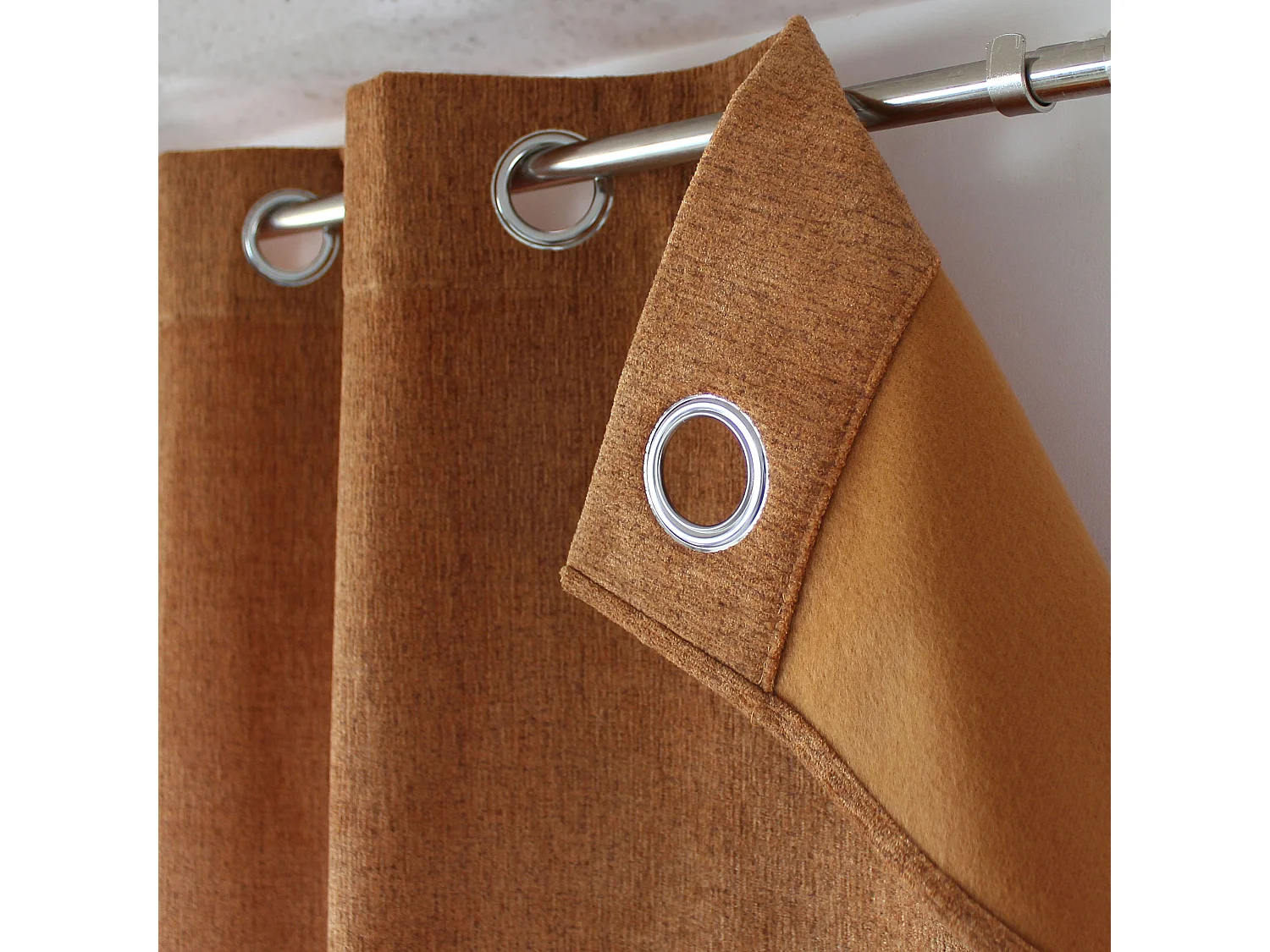 Rideau Thermique à Œillets, Camel chiné, 140x240 cm, Velours Chenillé, Collection Alpaga, CMADECO - Marron