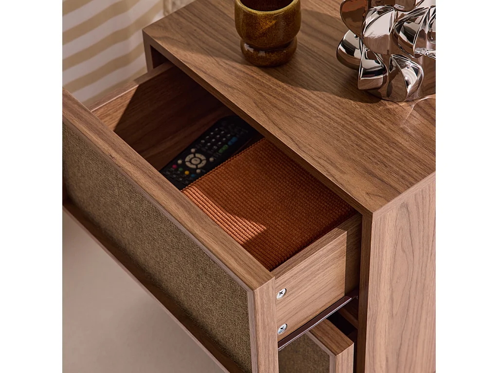 Lot de 2 tables de chevet décor bois et tissu 2 tiroirs noyer - Kuba