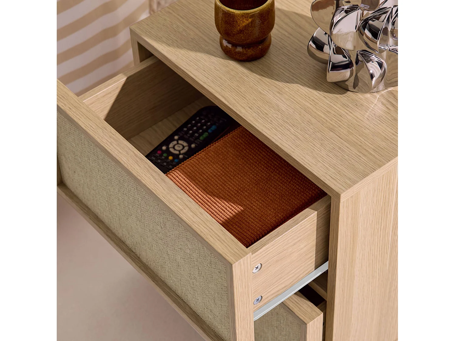 Table de chevet décor bois et tissu 2 tiroirs naturel - Kuba