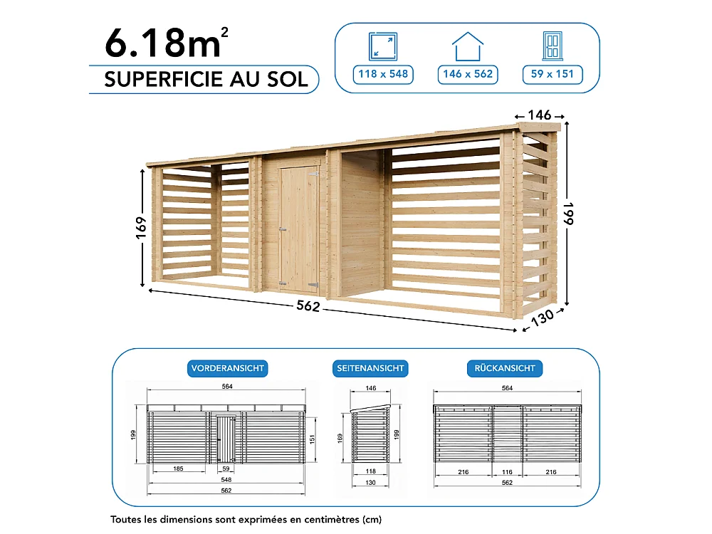 Wooden Firewood Storage with Tool Shed - 6,18 m² / 146x564xH199 cm - M206