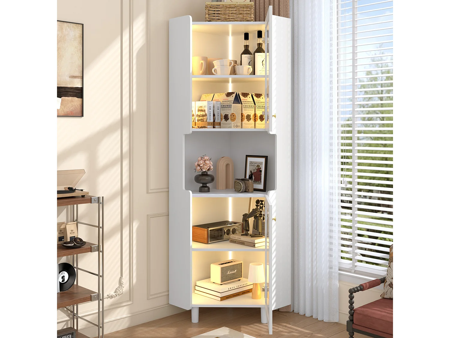 Credenza ad angolo bianca con illuminazione LED regolabile, 2 moduli, ripiano centrale aperto, dispositivi anticaduta, per soggiorno e sala da pranzo