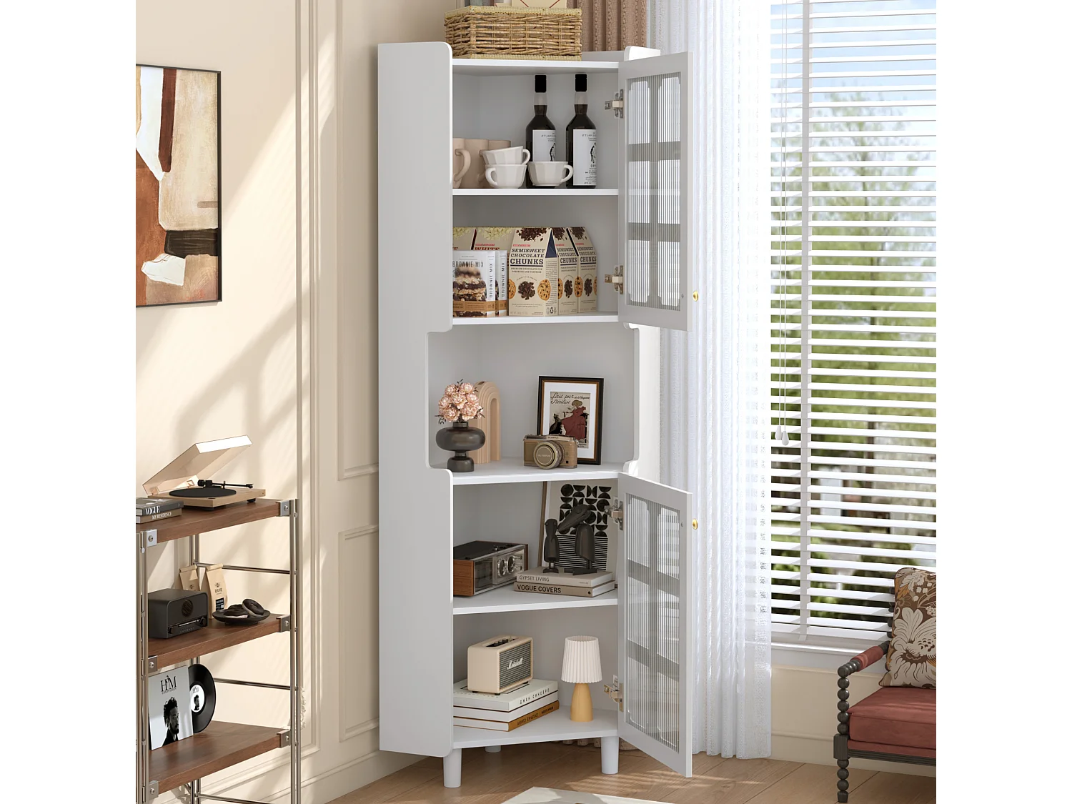 Credenza ad angolo bianca con illuminazione LED regolabile, 2 moduli, ripiano centrale aperto, dispositivi anticaduta, per soggiorno e sala da pranzo