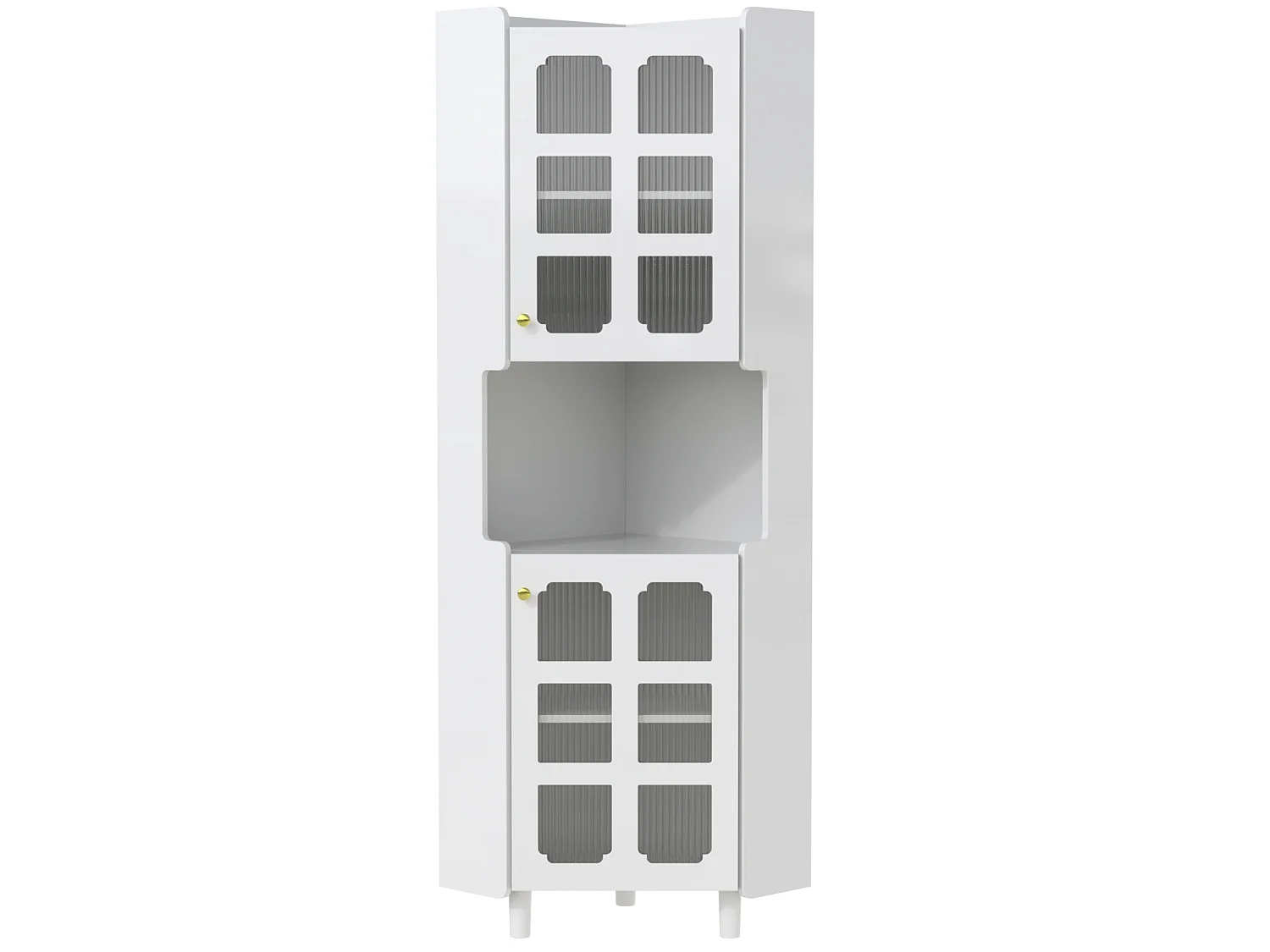 Credenza ad angolo bianca con illuminazione LED regolabile, 2 moduli, ripiano centrale aperto, dispositivi anticaduta, per soggiorno e sala da pranzo