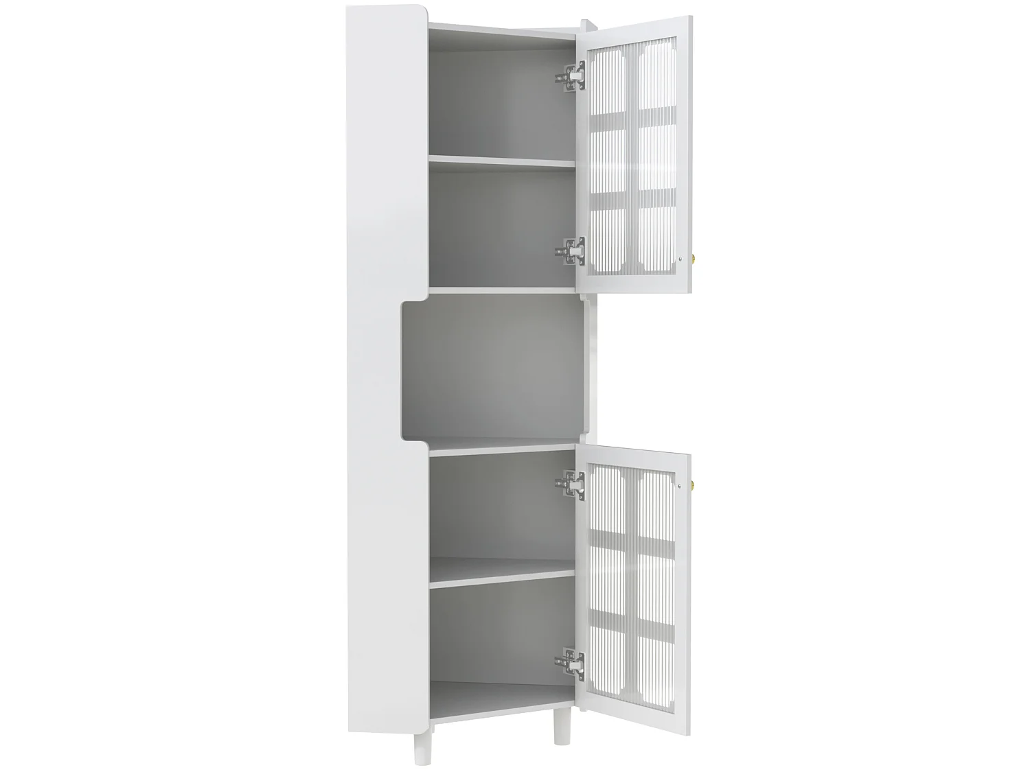 Credenza ad angolo bianca con illuminazione LED regolabile, 2 moduli, ripiano centrale aperto, dispositivi anticaduta, per soggiorno e sala da pranzo