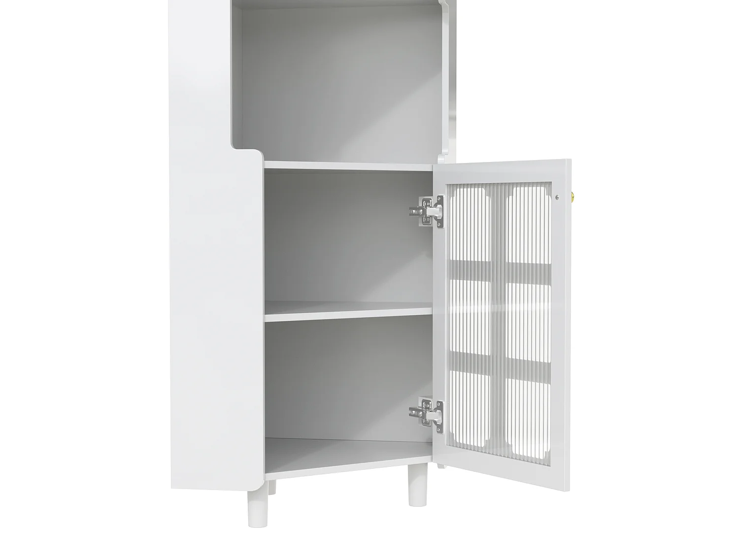 Credenza ad angolo bianca con illuminazione LED regolabile, 2 moduli, ripiano centrale aperto, dispositivi anticaduta, per soggiorno e sala da pranzo