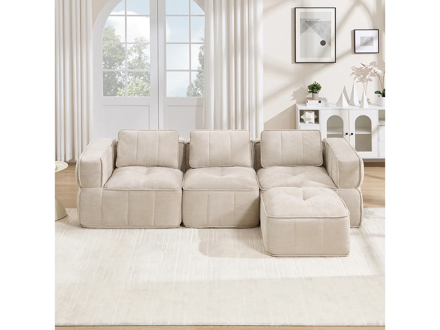 Canapé d’angle modulaire 3 places avec repose‑pieds en polyester beige, base antidérapante