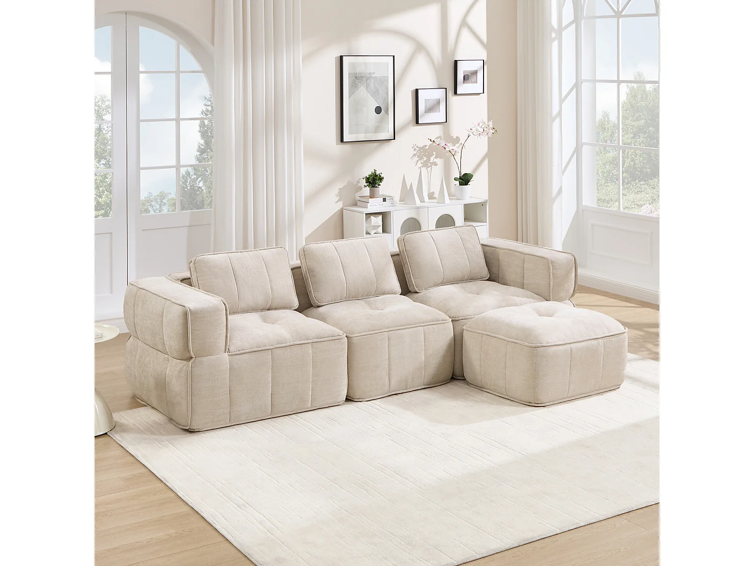 Canapé d’angle modulaire 3 places avec repose‑pieds en polyester beige, base antidérapante