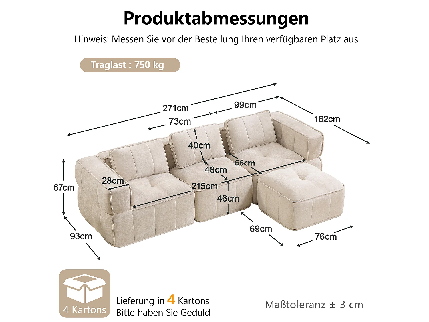 Canapé d’angle modulaire 3 places avec repose‑pieds en polyester beige, base antidérapante