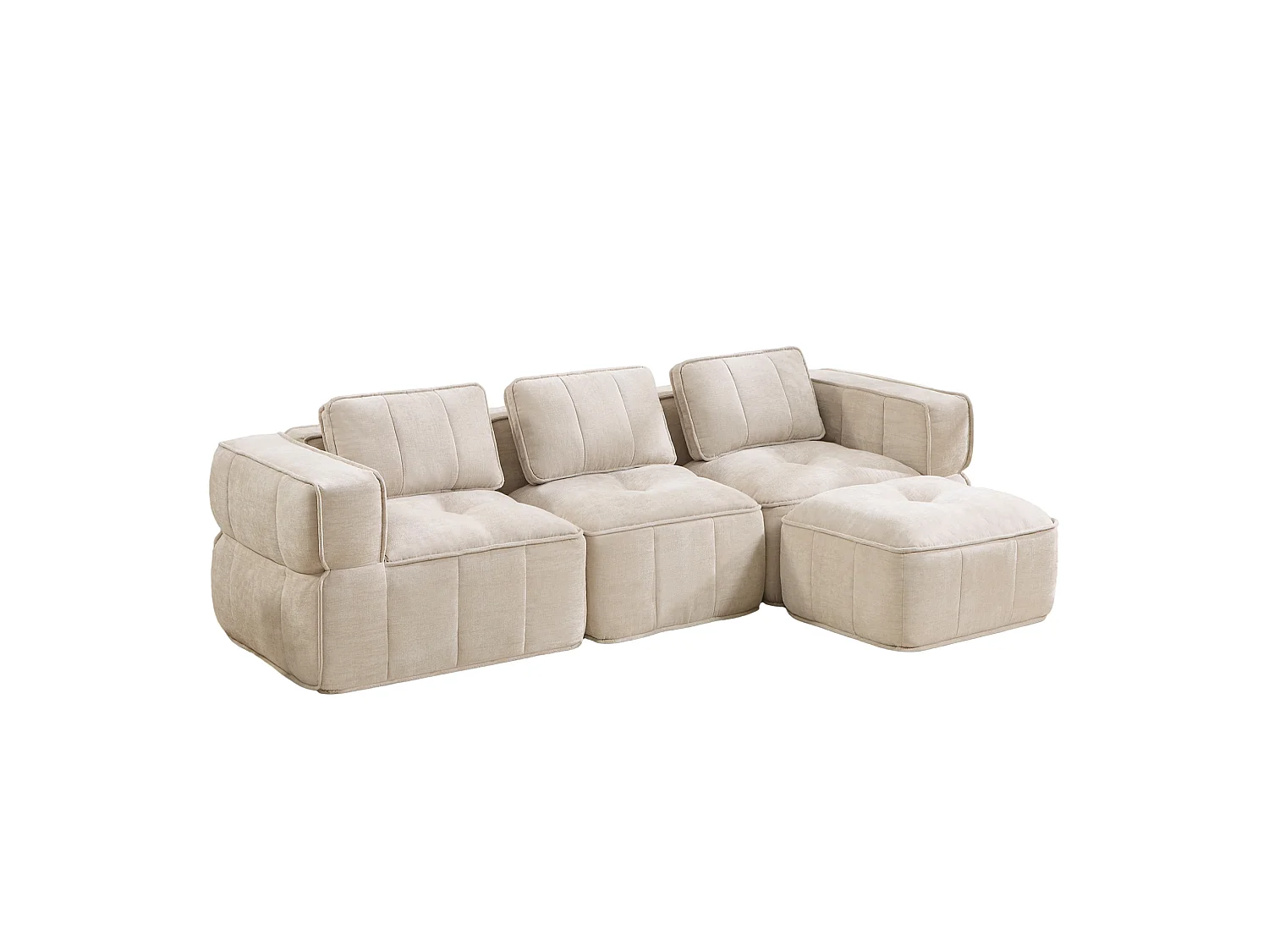 Canapé d’angle modulaire 3 places avec repose‑pieds en polyester beige, base antidérapante