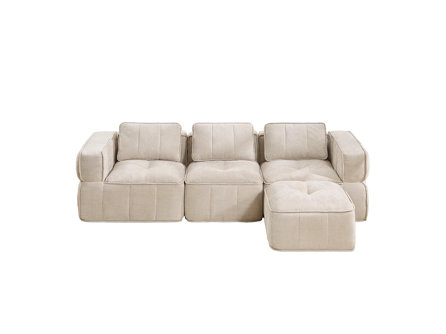 Canapé d’angle modulaire 3 places avec repose‑pieds en polyester beige, base antidérapante