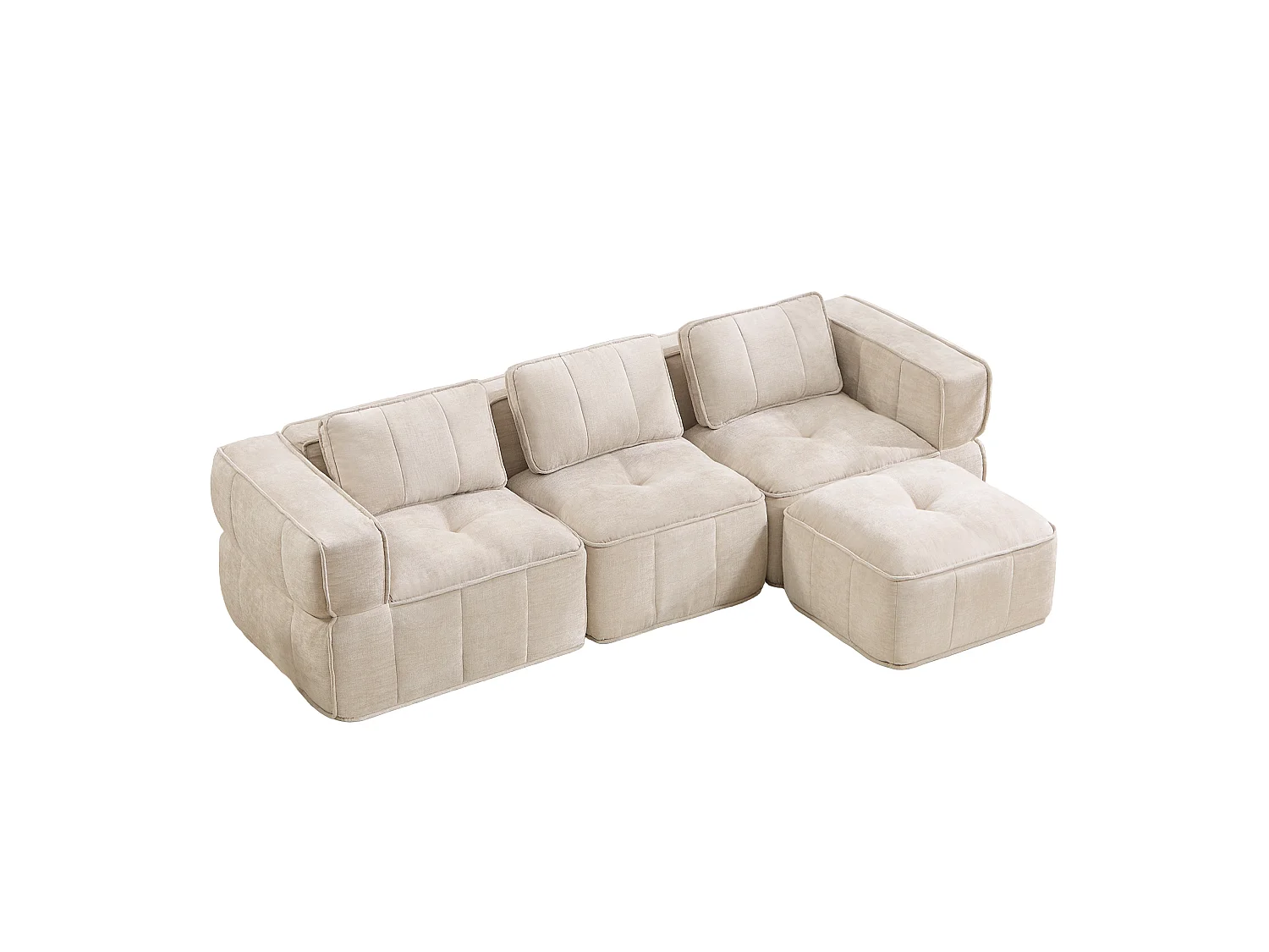 Canapé d’angle modulaire 3 places avec repose‑pieds en polyester beige, base antidérapante