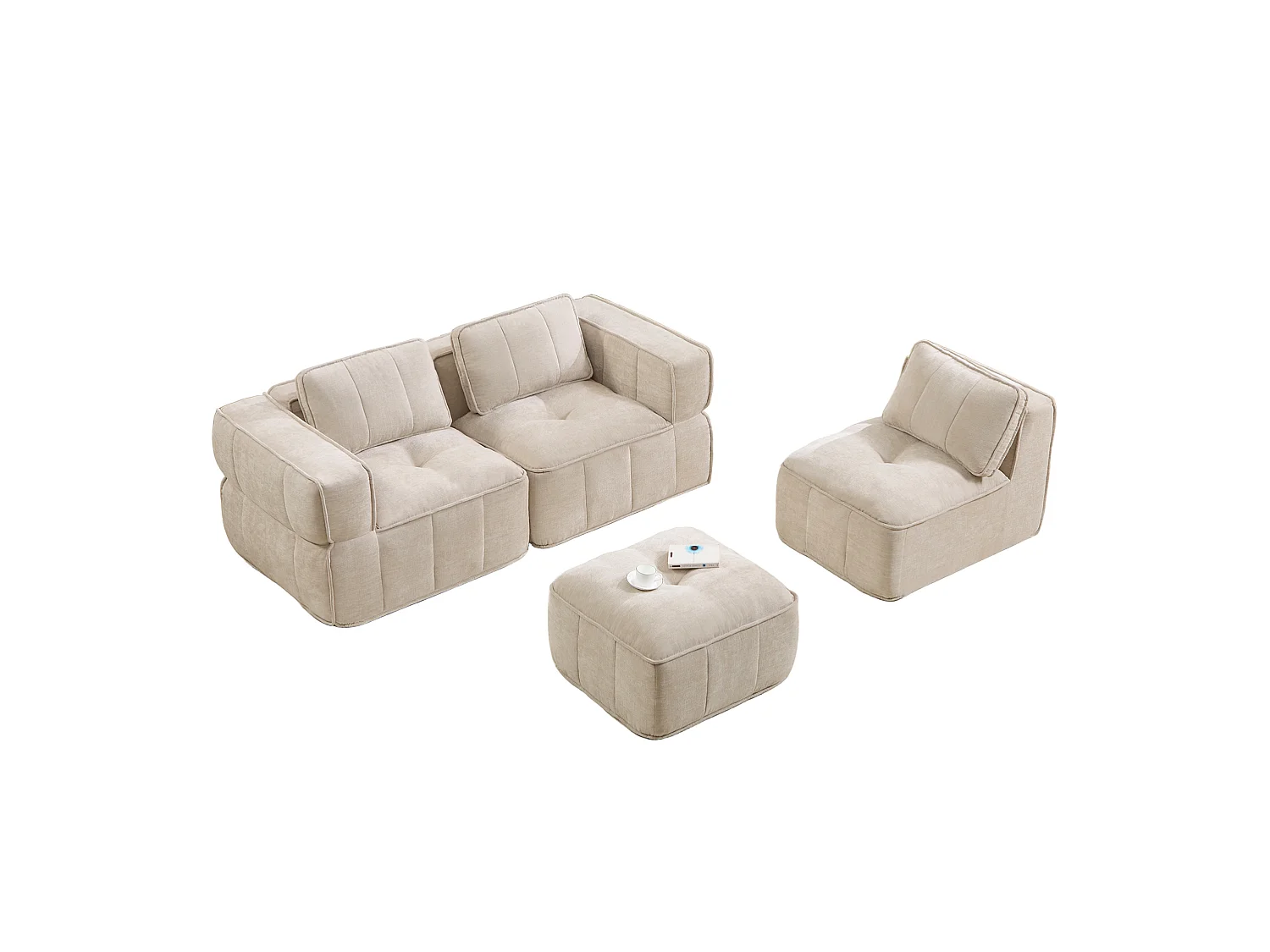 Canapé d’angle modulaire 3 places avec repose‑pieds en polyester beige, base antidérapante